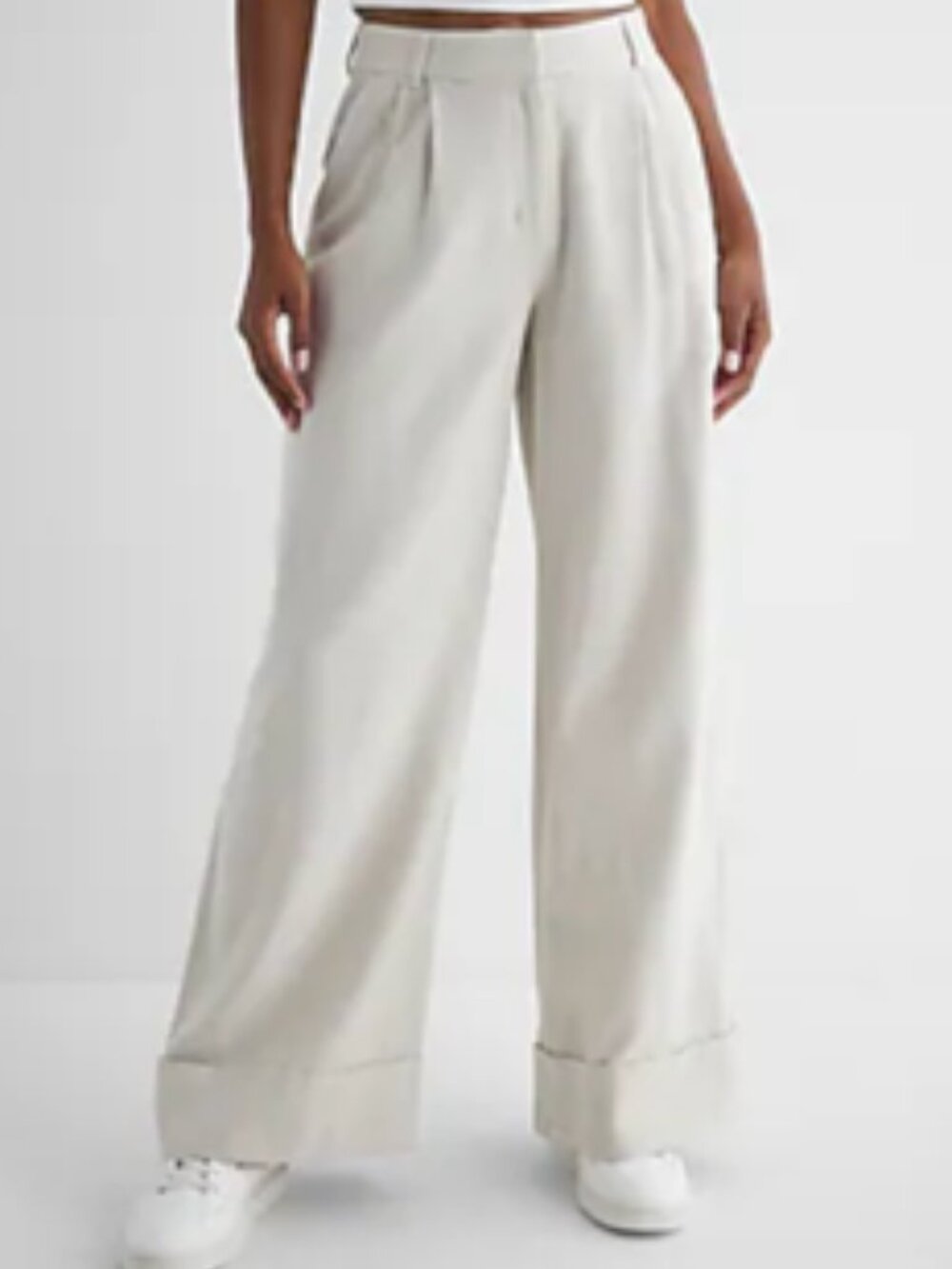 Express Stylist Oatmeal Heather Cuffed High Rise Wide Leg Trouser Sz 12 Long